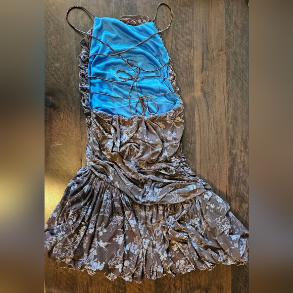 Let Me Be Floral Printed Backless Asymmetrical Bubble Hem Ruched Dress, Blue, S - Picture 8 of 14